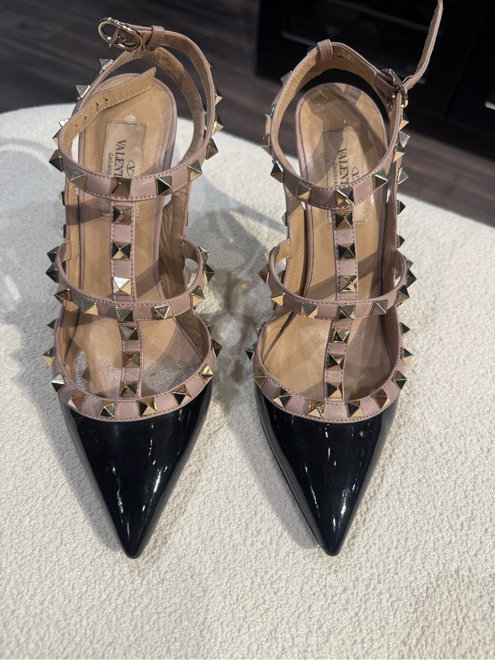 Valentino Studded T-Strap Pointed Pump in Black and Nude
